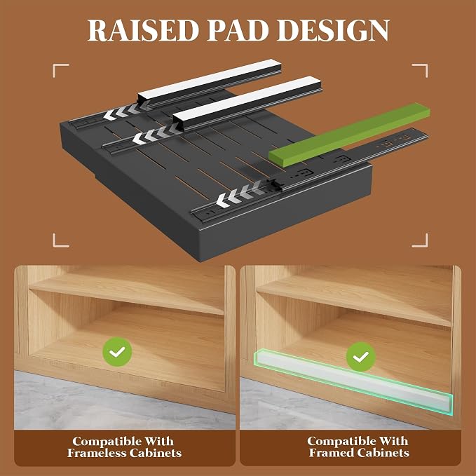 Seinloes 4 Pack Expandable Pull Out Cabinet Organizer 21"Deep With Raising Pad for Framed Cabinets,Upgrade 3 Slide Rails Slide Out Drawers,No Drill Roll Out Shelves,Adjustable Width 12.1"-20.4" Black - Image 2