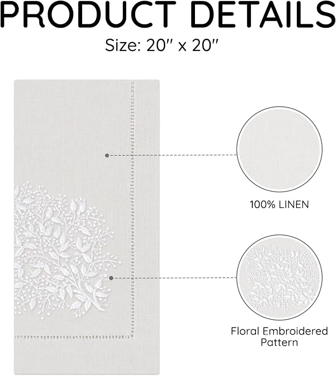 Cloth Napkins Set of 4, 20x20 inch, 100% Linen Hand Embroidered French Knot, Reusable & Machine Washable, Elegant Table Napkins for Dinner, Weddings, Parties (Oat) - Image 3