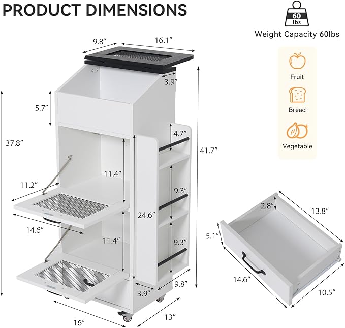 Verano Garden 16.0" Potato and Onion Storage Bin on Wheels, Bread Box | Fruit and Vegetable Organizer, Rolling, Side Rack, Flip-top, Mesh Doors, 4-Tier, Grocery Section, Ventilated, Wood, Kitchen - Image 2