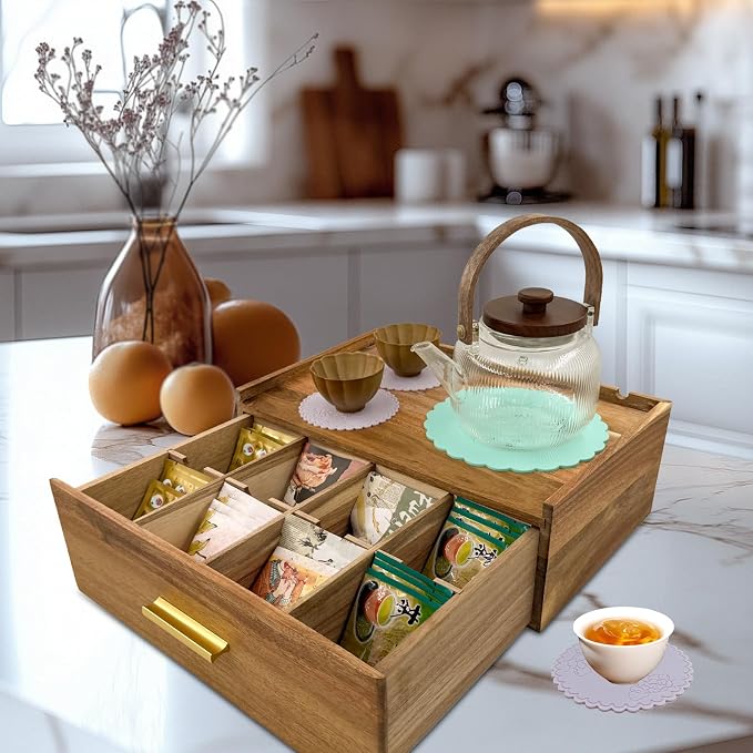 Acacia Wood Tea Bag Organizer with Drawer – Countertop Storage Box | Larger Size Tea Caddy Storage, Tea Station Chest for Countertop, Tea Box Storage Drawer,Customizable compartments - Image 4