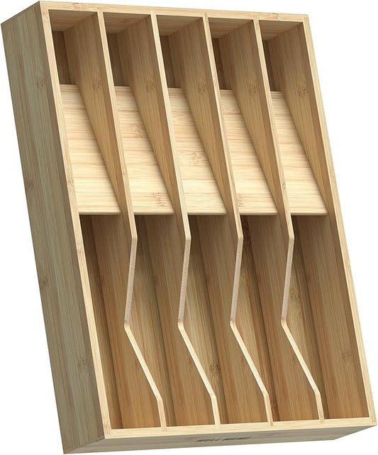 Utensil Drawer Organizer for Silverware,Bamboo 10 Slot | V-Groove & Anti-Slip Blocks, Vertical Storage,16" D x 12.3" W x 2.25" H, Cutlery Holder Dividers for Spoons Forks Knives by WELLWENG