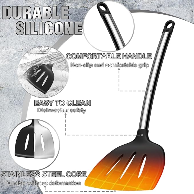 Umite Chef Thickened Kitchen Utensils Set- Silicone Cooking Utensils Set for Nonstick Cookware-Silicone Spatulas Set, Heavy Duty Stainless Steel Handle-Black Kitchen Gadgets Tools Set - Image 5