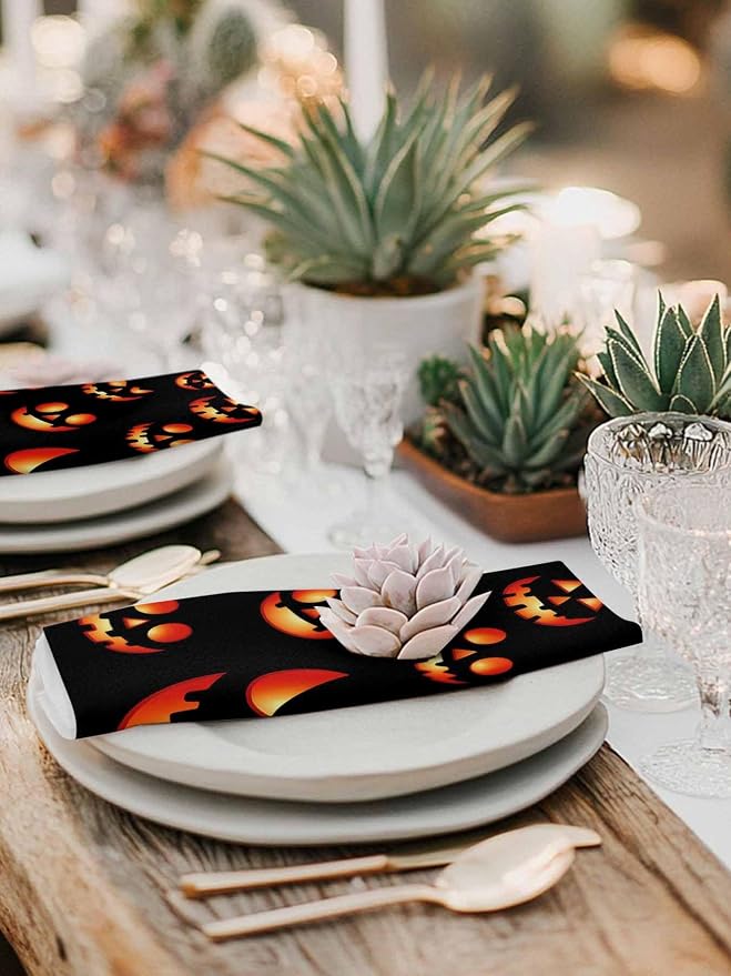 Halloween Cloth Napkins Set of 8 - Washable Dinner Napkins Reusable Table Napkins for Home Party Weeding Dining Table Setting Decoration,Black Orange Horro Skull Pumpkins Fall Holiday Oversized - Image 4