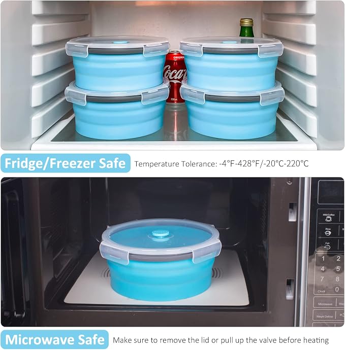 Collapsible Food Storage Containers with Airtight Lid & Vent, 40.5 oz, Kitchen Stacking Silicone Collapsible Meal Container Set for Leftover, Microwave Freezer Dishwasher Safe, Blue Round, Set of 4 - Image 6