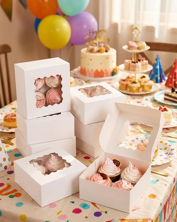 qiqee Auto-pop Up Cupcake Boxes with Window White 100PCS 4 Count Cupcake Box 6.3"x6.3"x3" Cupcakes Carrier, 4 Cupcake Containers - Image 7