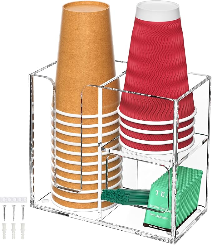 2-Tier Coffee Station Organizer for Countertop, 3 Compartments Clear Acrylic Cup and Lid Holder Tea Condiment Storage Upright Coffee Bar Organizer Pod Dispenser for Office Breakroom Home Kitchen by ENJOYYOURLIFE