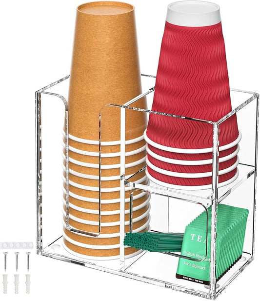 2-Tier Coffee Station Organizer for Countertop, 3 Compartments Clear Acrylic Cup and Lid Holder Tea Condiment Storage Upright Coffee Bar Organizer Pod Dispenser for Office Breakroom Home Kitchen by ENJOYYOURLIFE