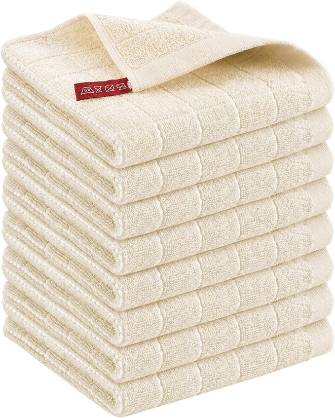 Kitinjoy 100% Cotton Terry Kitchen Dish Cloths, 12”x 12”, 8-Pack, Beige | Ultra Soft and Absorbent Dish Towels for Kitchen, Suitable for Drying and Washing Dishes by Kitinjoy