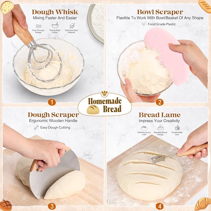 Sourdough Starter Kit Complete Set with Tools, Proofing Baskets, Jars | Pink, 9" Round & 10" Oval Baskets, Sourdough Bread Baking Supplies, Sour dough Beginner Kit Gifts for Bakers Women Wife Mom - Image 2