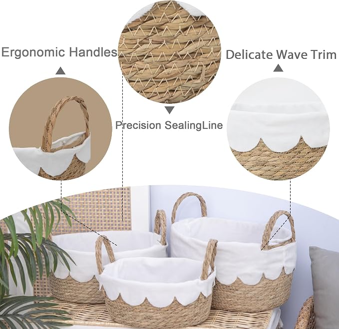Handmade Seagrass Wicker Storage Basket with Handles & Removable Liner,Eco-Friendly Oval Woven Shelf Basket Organizer for Home Decor,Set of 3 - Image 9