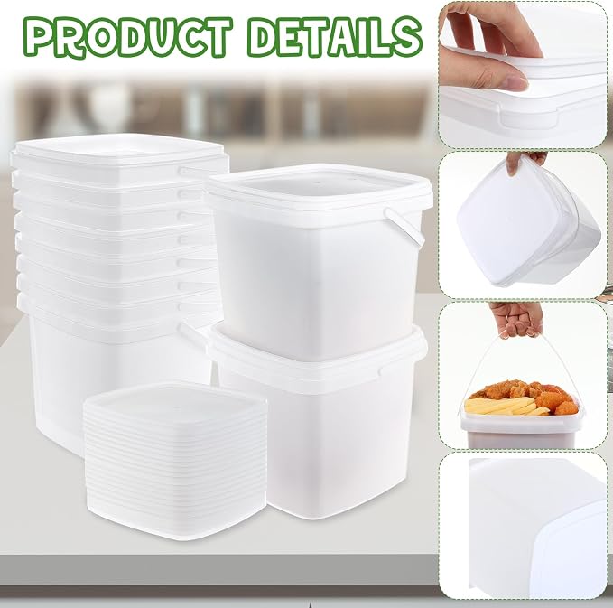 24 Pack5 Qt/169 Oz/5 L Thicken Plastic Buckets with Lids & Handles, Ice Cream Container, Food Grade, Freezer Safe, Sealable Square Reusable Storage Bucket, All Purpose Pails for Soup Fruit Deli - Image 3
