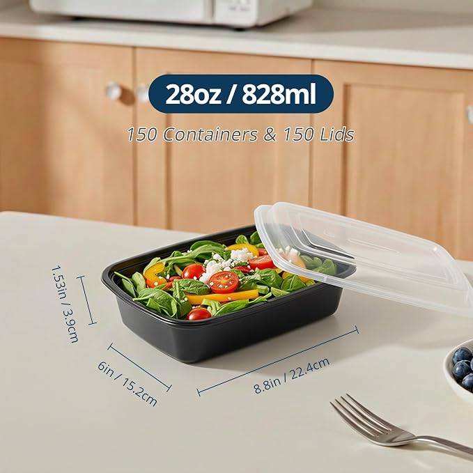 TIYA Meal Prep Containers with Lids, 150 Pack 28 oz Reusable Plastic Food Storage Containers, BPA-Free Lunch Boxes, Microwave/Dishwasher/Freezer Safe, Stackable Portion Control Containers - Image 2