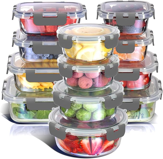 Nestl 24pc Glass Storage Containers with Lids, 12 Glass Food Storage Containers with 12 Airtight Lids for Pantry & Kitchen, Meal Prep Containers for Lunch, Oven Microwave & Dishwasher Safe, Gray by Nestl