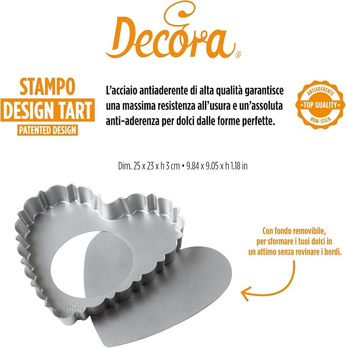 Decora 0075056 Nonstick Steel Fluted Heart Tart Pan 9.8 Inch x 9.1 Inch x 1.2 Inch High with Loose Removable Bottom, for Easy Demolding, Professional Design Registered, Patented - Image 2