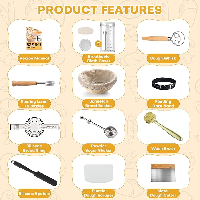 Sourdough Starter Kit, Sourdough Kit Include Banneton Proofing Basket, Sourdough Starter Jar, Bread Lame, Dough Scraper, Dough Whisk Scraper and Silicone Bread Sling - Image 2