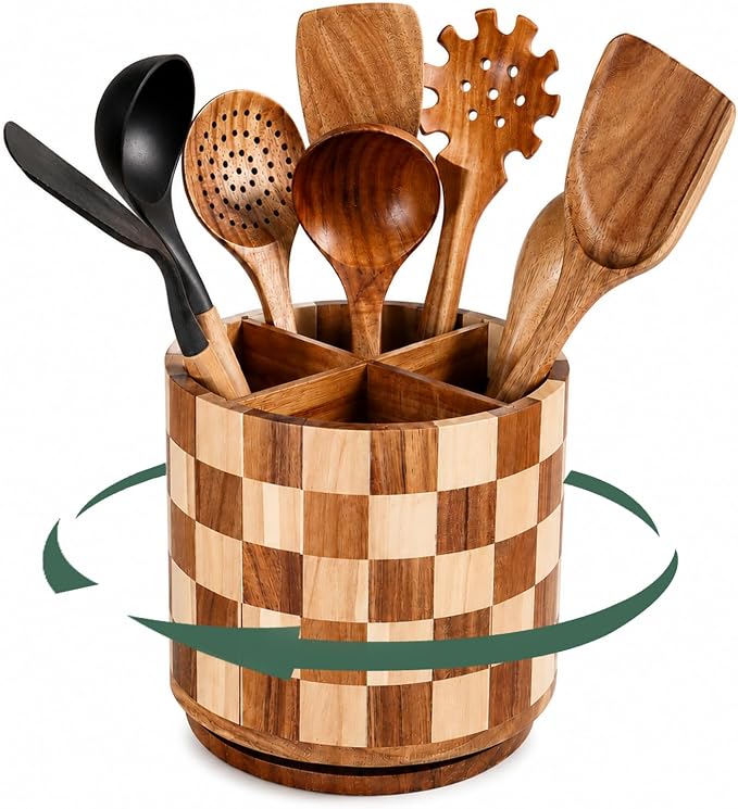 Rotating Wooden Utensil Holder – 7.8” Round Acacia Wood Kitchen Utensil Organizer with Checkered Design, Large Countertop Crock for Spatulas, Spoons & Cooking Tools, Farmhouse Kitchen Decor by Brightdeer