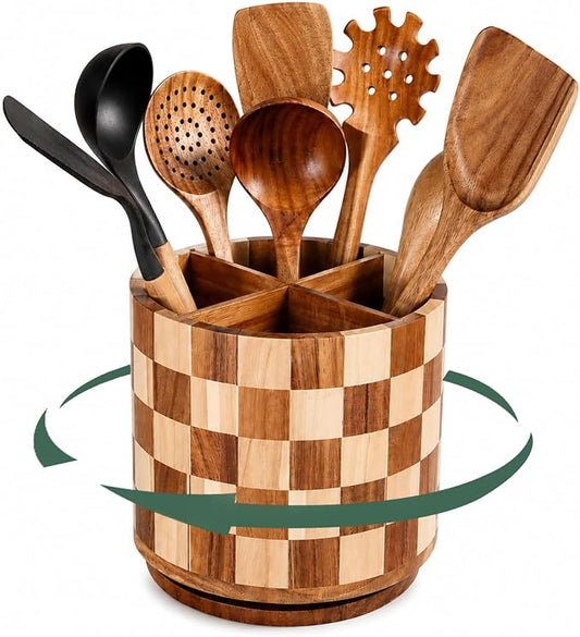 Rotating Wooden Utensil Holder – 7.8” Round Acacia Wood Kitchen Utensil Organizer with Checkered Design, Large Countertop Crock for Spatulas, Spoons & Cooking Tools, Farmhouse Kitchen Decor by Brightdeer