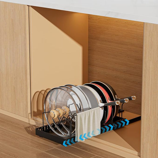 Black Pull Out Pot Lid Organizer, Cabinet Pan Rack, 8 Dividers | 2-pack black carbon steel rack, 16 adjustable dividers, quiet slide rails, adhesive or screw mount for lids, pans, bakeware by WOSHEN