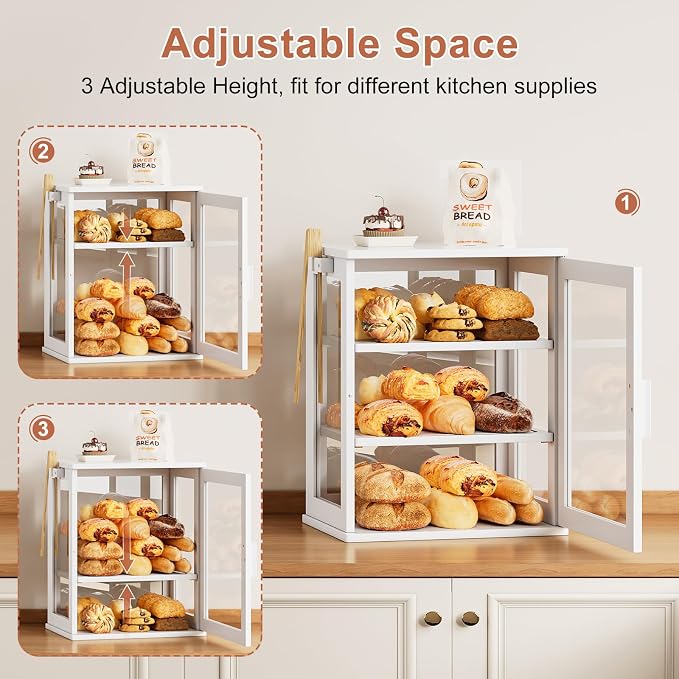 WOWLIVE Bread Box for Kitchen Countertop, 3 Layers Bread Storage Container | Large Bamboo Bread Bin for Homemade Bread with Window, Farmhouse Breadbox Organizer for Kitchen, Cabinet, White, Meduim - Image 7