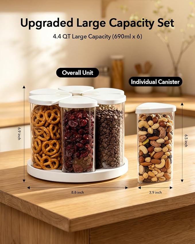 Rotating Food Storage Containers Set of 6, 23oz (690ml) Clear PET Jars with Dual Pour Lids, 360° Lazy Susan Pantry Organizer for Snacks, Cereal, Nuts, Oats & Dry Foods, Kitchen Grain Dispenser - Image 6