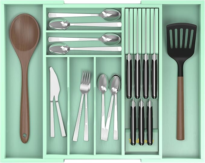Bamboo Kitchen Drawer Organizer, Expandable Silverware Organizer with Removable Knife Block, 6-8 Slots- Utensil Holder & Cutlery Tray Drawer Dividers, 2.36" Deep for Extra Capacity, Cyan by Thalomely