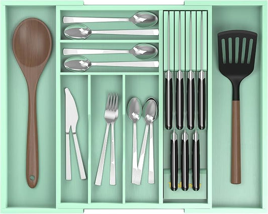 Bamboo Kitchen Drawer Organizer, Expandable Silverware Organizer with Removable Knife Block, 6-8 Slots- Utensil Holder & Cutlery Tray Drawer Dividers, 2.36" Deep for Extra Capacity, Cyan by Thalomely