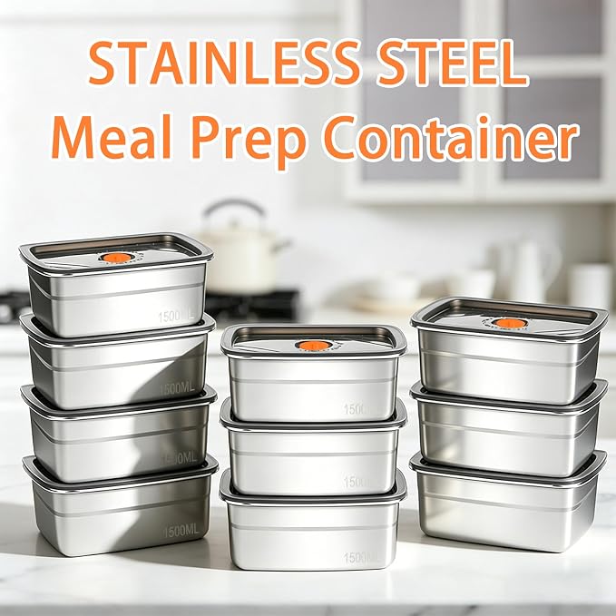 10 Pack Stainless Steel Food Storage Containers with Airtight Lids, 48oz/1500ml Reusable Metal Meal Prep Container, Stackable Lunch Snack Box for Kitchen, Travel & Picnic, Freezer & Dishwasher Safe - Image 7