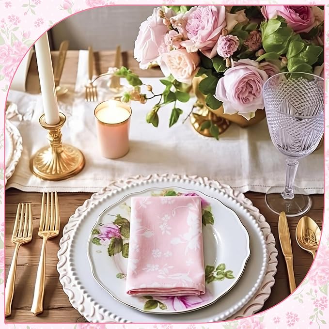 24 Pcs Floral Cloth Napkins 6 Patterns Washable Dinner Tea Party Napkins Reusable Plant Flowers Square Napkin Cotton Towel Decorative for Summer Wildflower Party(Pink Flowers) - Image 7
