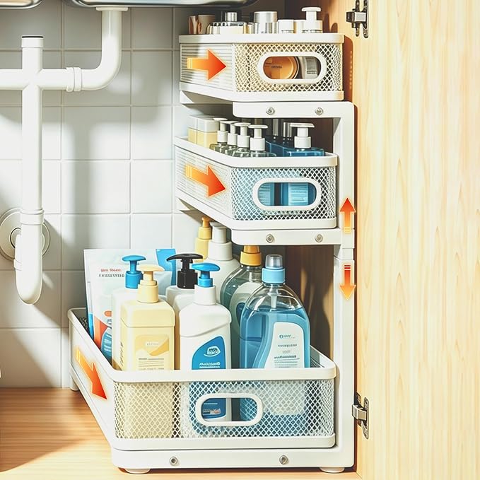 1 Pack 3 Tier Under Sink Organizer with Pull Out Drawer, Height Adjustable Heavy Duty Metal Under Cabinet Organizer, Smooth Sliding Storage Shelf for Kitchen, Bathroom Cabinet Organization, White by Unknown
