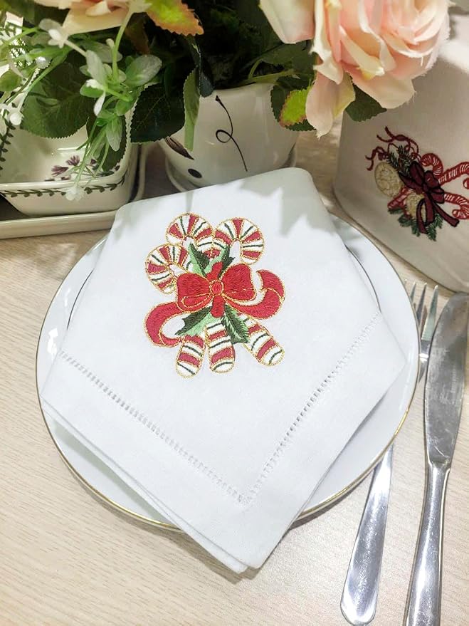 Embroidered Cloth Napkin – Red Candy Cane Christmas Cotton Napkins, Set of 6, 20x20 Hemstitch Table Napkin – Machine Washable – Ideal for Daily Use, Giving - Image 5