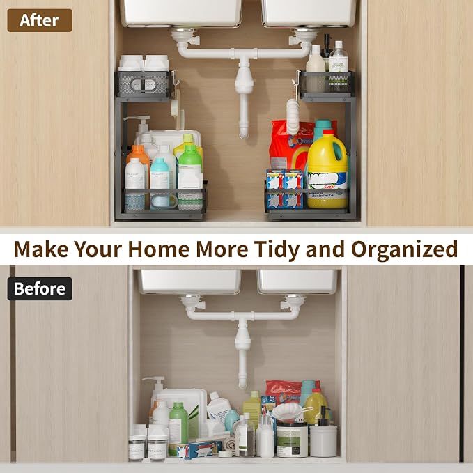 Under Sink Organizer 2 Pack, 2-Tier Slide Out Cabinet Organizer with Metal Sliding Drawer and Hooks, Pull Out Storage Baskets for Kitchen Bathroom Pantry Cabinet Organization (black) - Image 4
