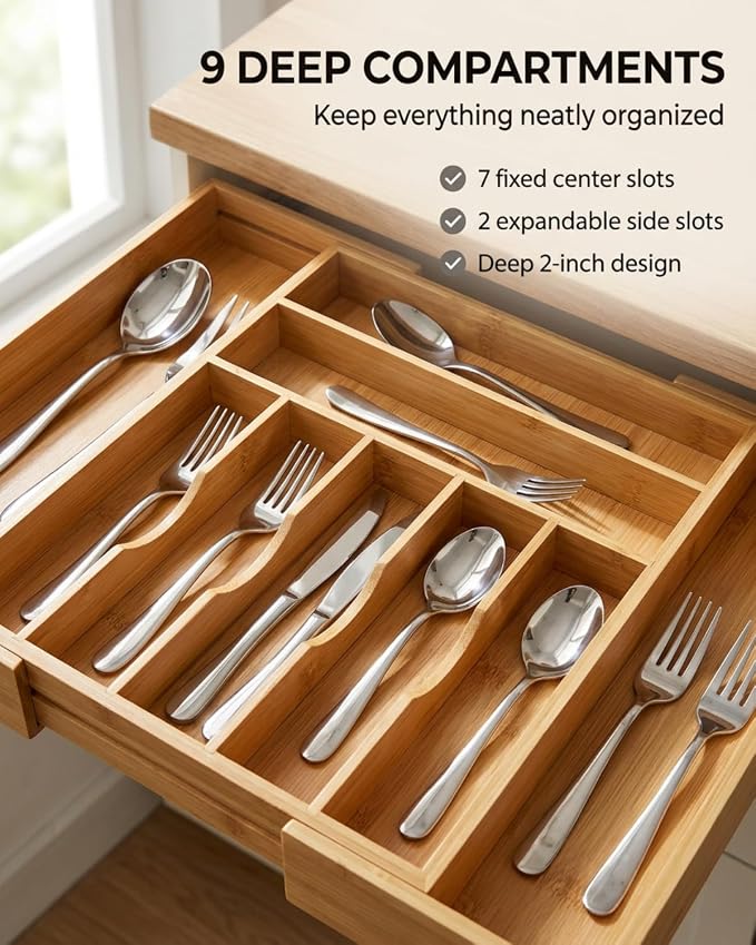 Expandable Bamboo Silverware Drawer Organizer, 5-7 Compartments | Expands to Fit Most Drawers, 5-7 Compartments, Dual-Zone Storage for Flatware and Large Utensils - Image 3
