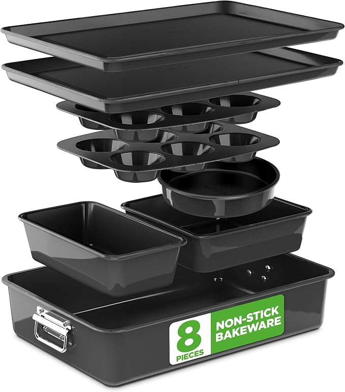 NutriChef 8 Piece Nonstick Bakeware Set | Carbon Steel Baking Pans for Oven | Includes Sheet Pan, Muffin, Loaf, Round and Square Cake Pan | Dishwasher Safe, Stackable Design Oven Safe up to 446°F by NutriChef%E2%84%A2Kitchen