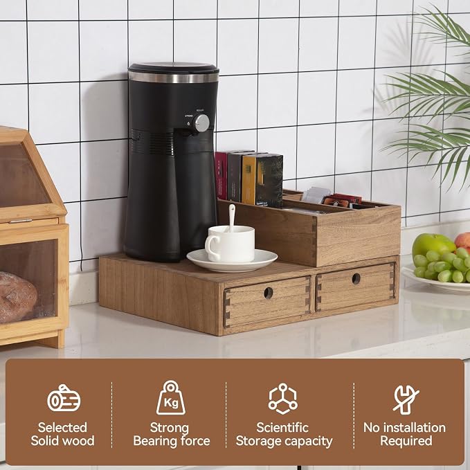 KIRIGEN Wooden Coffee Station Organizer with Drawers, K Cup Holder, Brown | 2 Piece Solid Wood Set Storage Box Holds 40+ Pods, Tea Bags, Sugar with Modular Storage for Counters and Coffee Bars - Image 2