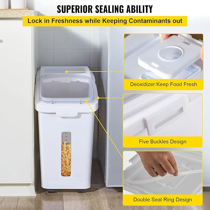 VEVOR Ingredient Storage Bin, 11.4 Gallon Capacity Shelf Ingredient Bin, 280 Cup Flour Bins on Wheels Commercial Prosave Shelf-storage Ingredient Bin with Lid and Scoop Rice Bin for Kitchen White - Image 6
