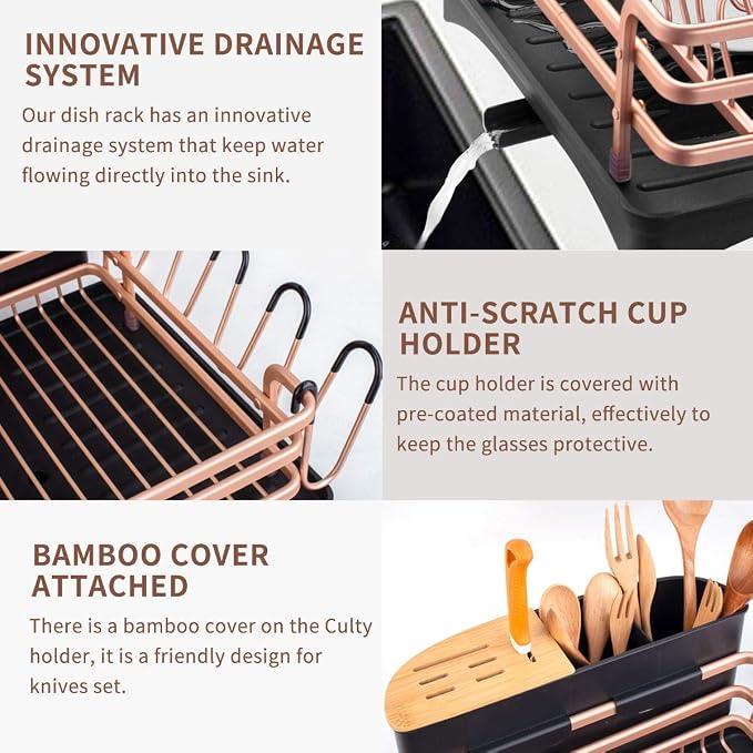 BACOENG Aluminum Dish Drying Rack,Never Rust Dish Rack with Removable Cutlery Holder & Cup Holder, 360° Swivel Spout Drain Board,Gold - Image 2