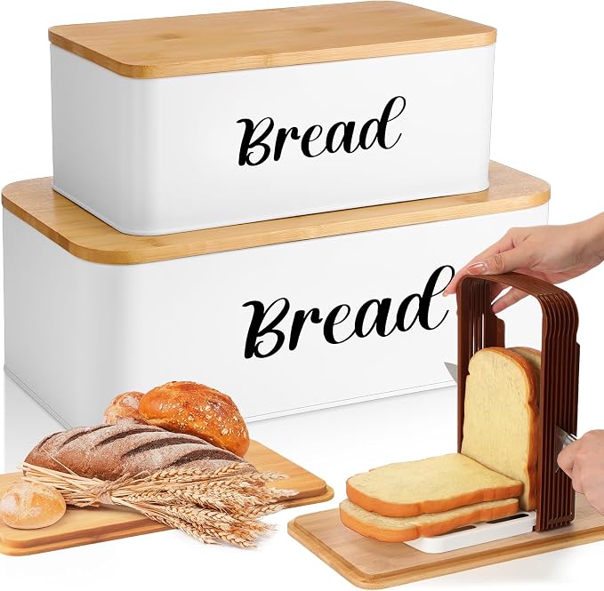 Teenyyou 2 Pcs Extra Large Bread Box with Slicer, Metal Bread Storage Container with Bamboo Cutting Board Lids, 2 Sizes Farmhouse Breadbox Set for Kitchen Countertop(White) by Teenyyou