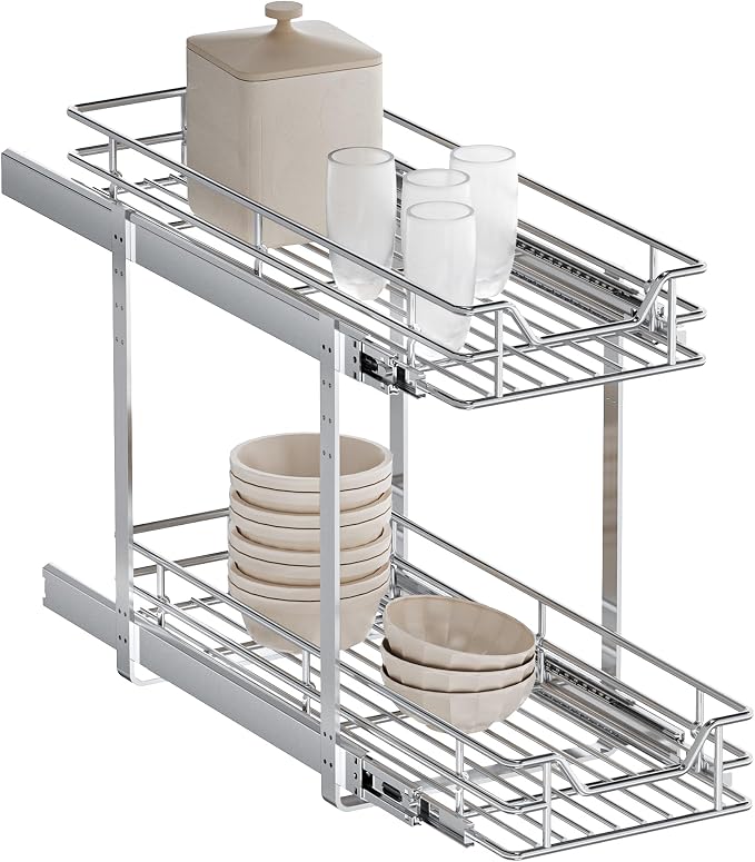 2-Tier Pull Out Cabinet Organizer, 10.5" W x 21.5" D, Heavy Duty Dual Slide Out Shelves for Narrow Base Cabinets, Chrome Wire Basket Drawer for Spices, Bottles & Snacks by Unknown