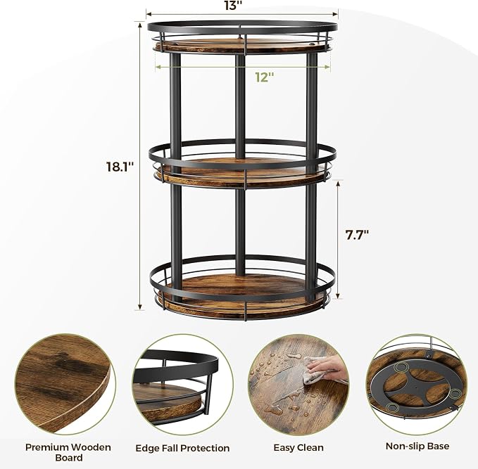 LAMU 12'' Wood Lazy Susan Spice Rack Organizer, 3 Tier Spice Organization for Cabinet, Countertop, Kitchen, Table Top, Pantry, Condiment and Seasoning Rack Organizer - Image 2