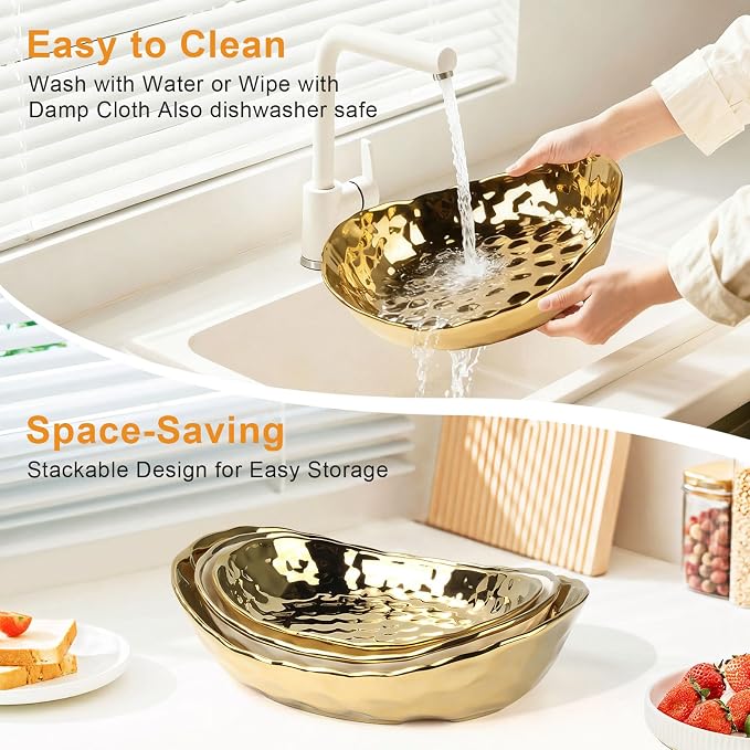 Fruit Bowl for Kitchen Counter with Metal Stand, 3 Tier Fruit Basket for Counter, White Gold Ceramic Fruit Bowl, Detachable Rack for Fruit Vegetable Snack Dessert Storage (Gold) - Image 4