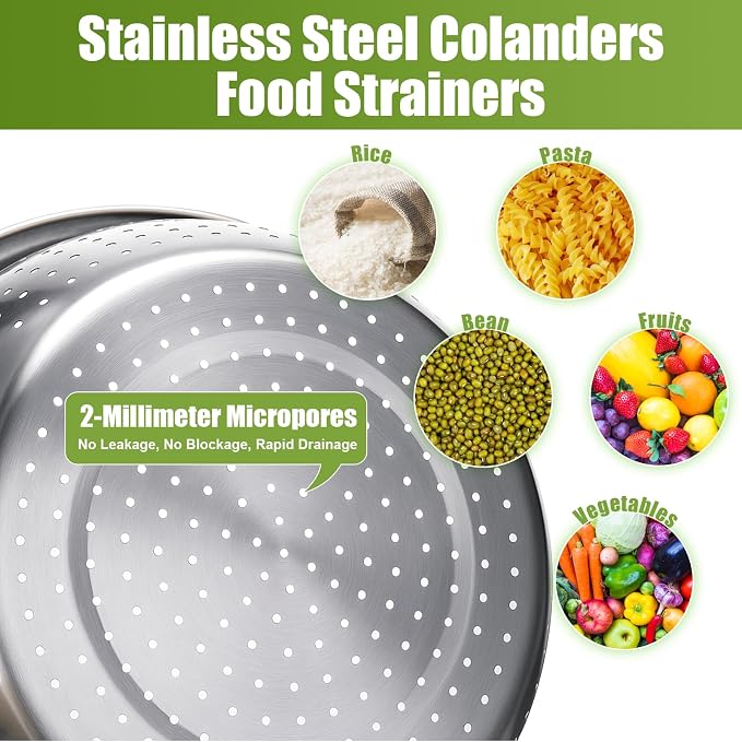 Palksky Stainless Steel Colander Set with Self-Draining Base, 3 Sizes Colanders & Food Strainers for Pasta, Rice, Fruits & Veggies, Metal Colander with Draining Plate for Sink or Countertop - Image 5