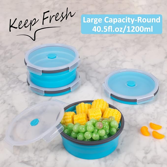Collapsible Food Storage Containers with Airtight Lid & Vent, 40.5 oz, Kitchen Stacking Silicone Collapsible Meal Container Set for Leftover, Microwave Freezer Dishwasher Safe, Blue Round, Set of 4 - Image 2