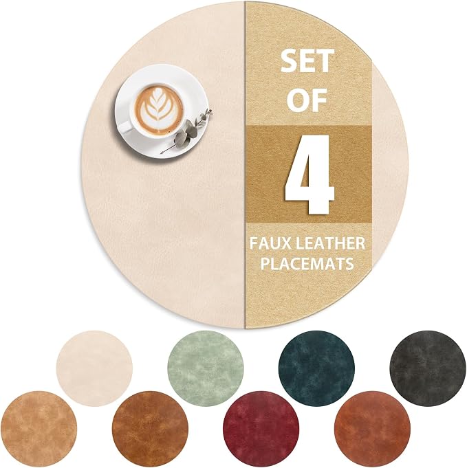 ADRIMER Placemats, Heat Resistant Round Placemats Set of 4 Washable, Waterproof Table Mats, Wipeable Faux Leather Place Mats for Kitchen, Dining Room, Beige by Adrimersdreamistobeanindispensablecompanioninyourlife