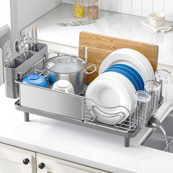 Urackify Stainless Steel Dish Drying Rack for Kitchen Counter, 16.9" x12.4" | Rustproof dish rack with utensil holder, 16.9" L x 12.4" W Large Capacity, Dish Drainer for Plates Dishes Sliverware, Grey by Urackify