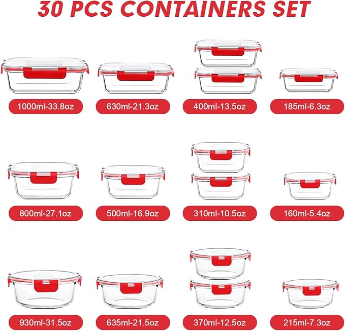 VERONES 30 Pieces Glass Food Storage Containers Set with Lids, Red | Stackable Glass Meal Prep Containers Set with Lids, Airtight Lunch Containers, for Microwave, Oven, Freezer & Dishwasher - Image 2