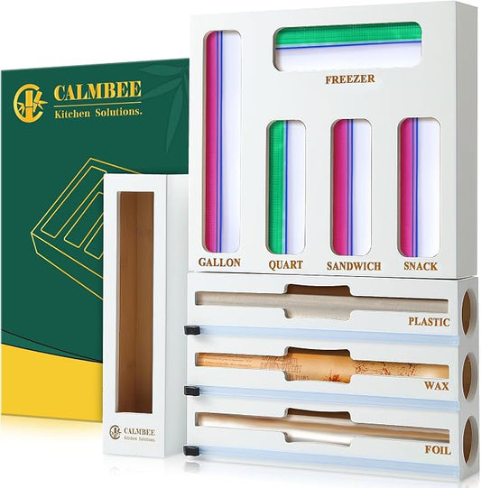 Calmbee 9 in 1 Bamboo Storage Bag Organizer for Kitchen Drawer – Plastic Wrap Dispenser with Cutter & Foil Organizer, Wooden Baggie Organizer for Sandwich, Snack, Gallon, Quart Sizes, White by Calmbee