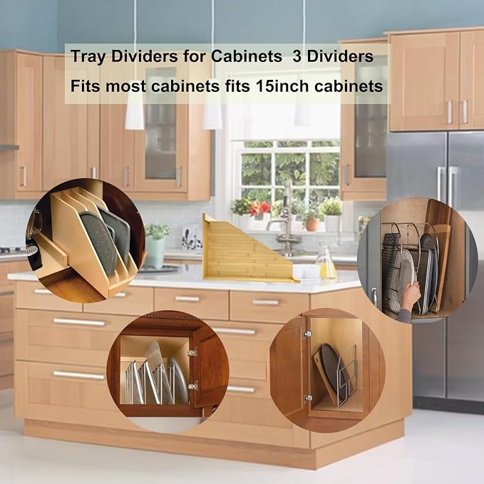 Tray Dividers for Kitchen Cabinets, 15.5in x22.5in x12in with 3 Dividers | Bamboo Organizer For Cookie Sheets, Baking Sheets,Racks Lids, Flat Items, Perfect for Organizing Cabinets, 5Y Warranty - Image 3