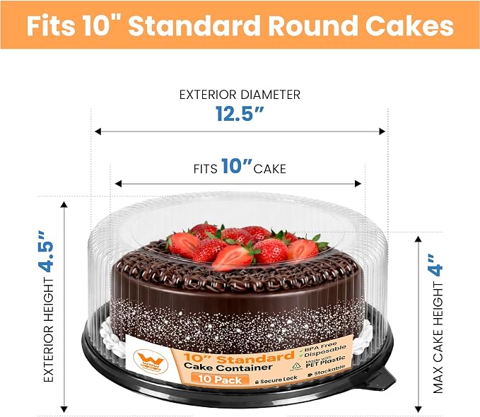 WOW 10in Standard PET Round Cake Carrier, 10-Pack | Fits 10in Cakes, Clear Dome Lid, Stackable, Lightweight, Desserts, Pies, Pastries, 12.5in Diameter - Image 2