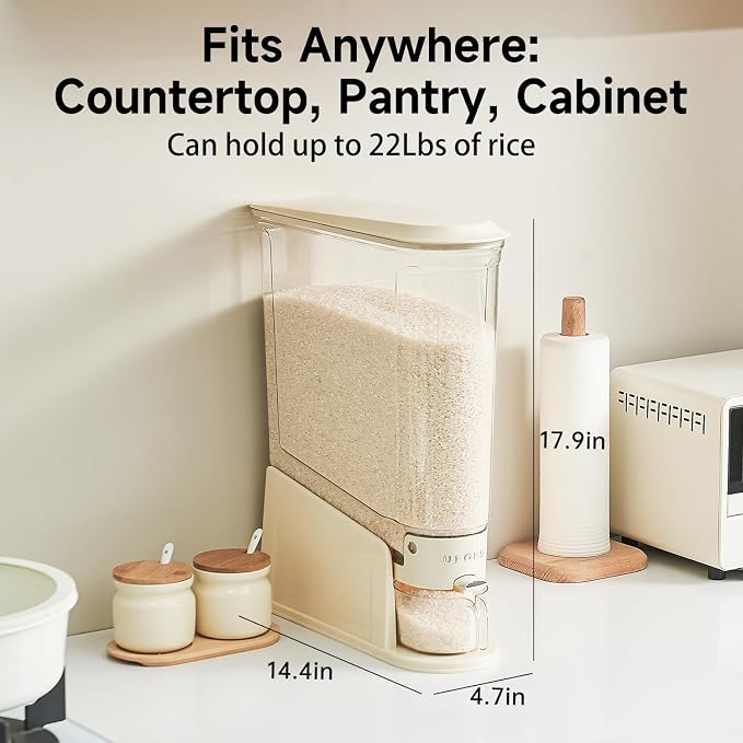 UFORU Slim Rice Dispenser 22 LB,Clear Rice Storage for Small Spaces | White,BPA-Free Sealed Design for Rice, Grain and Cereal,Rice Container Fits Narrow Pantry Shelves and Countertops - Image 3