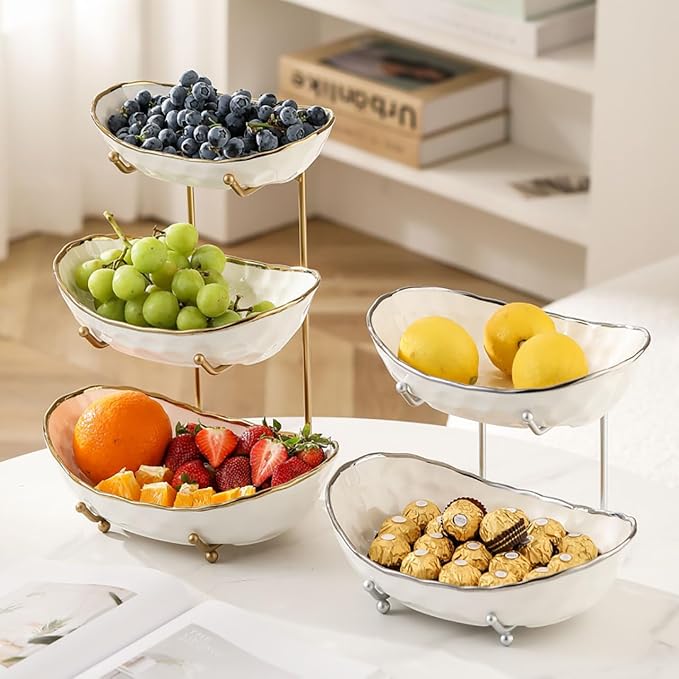 3-Tier Fruit Bowls for Kitchen Counter,White Ceramic Bowl with Gold Metal Stand,3 Tier Fruit Basket for Fruit,Snack,Cake,Nuts,Dessert Storage - Image 5